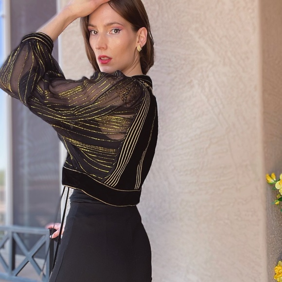 ZARA NWOT Black Velvet & Metallic Gold Floral Embroidered Beaded Cropped Jacket - Picture 13 of 17